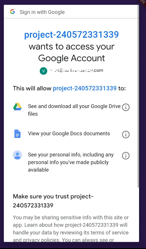 google signin permissions dialog