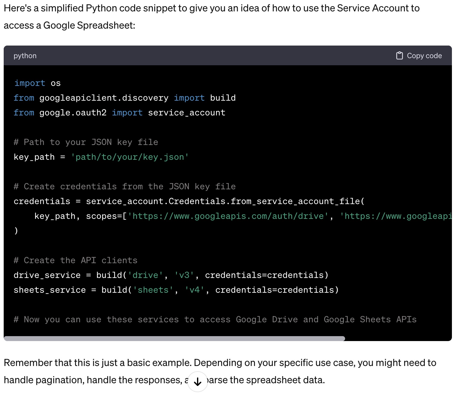 ChatGPT Google Spreadsheet python snippet