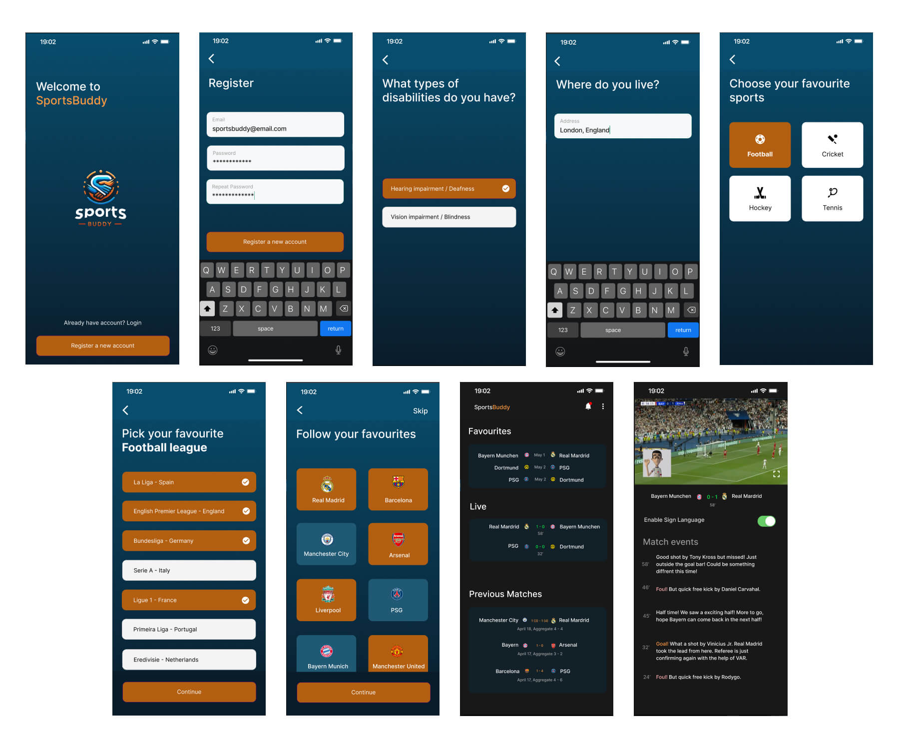 SportsBuddy Mobile App Screens